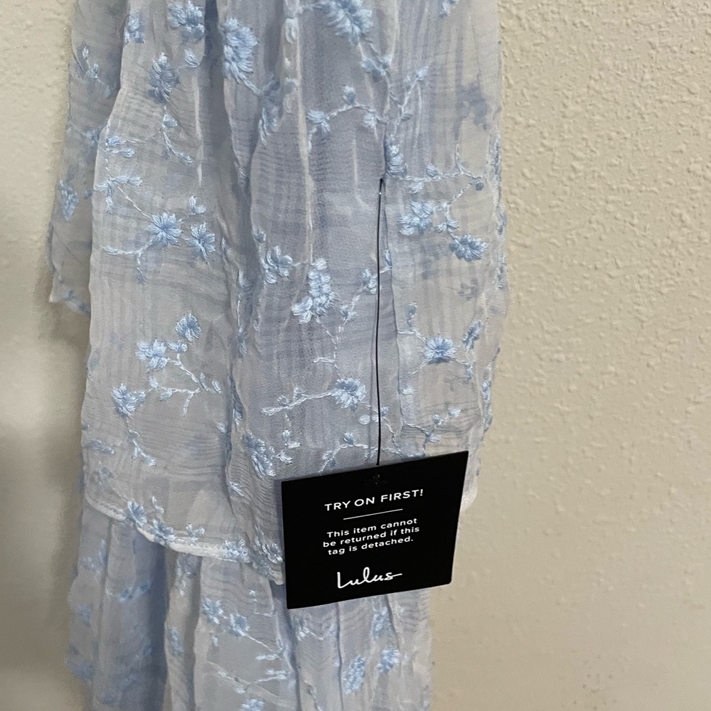 Lulus Vineyard Visit Blue Embroidered Tie-strap Tiered Midi Dress - Size S - Picture 3 of 4